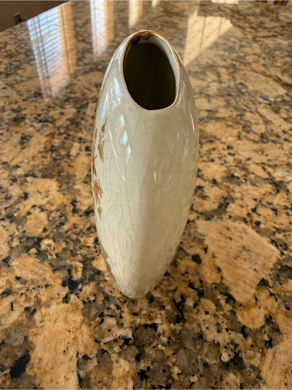 Vintage Porcelain Crackle Glaze Gold Trim Cherry Blossom Peacock Vase